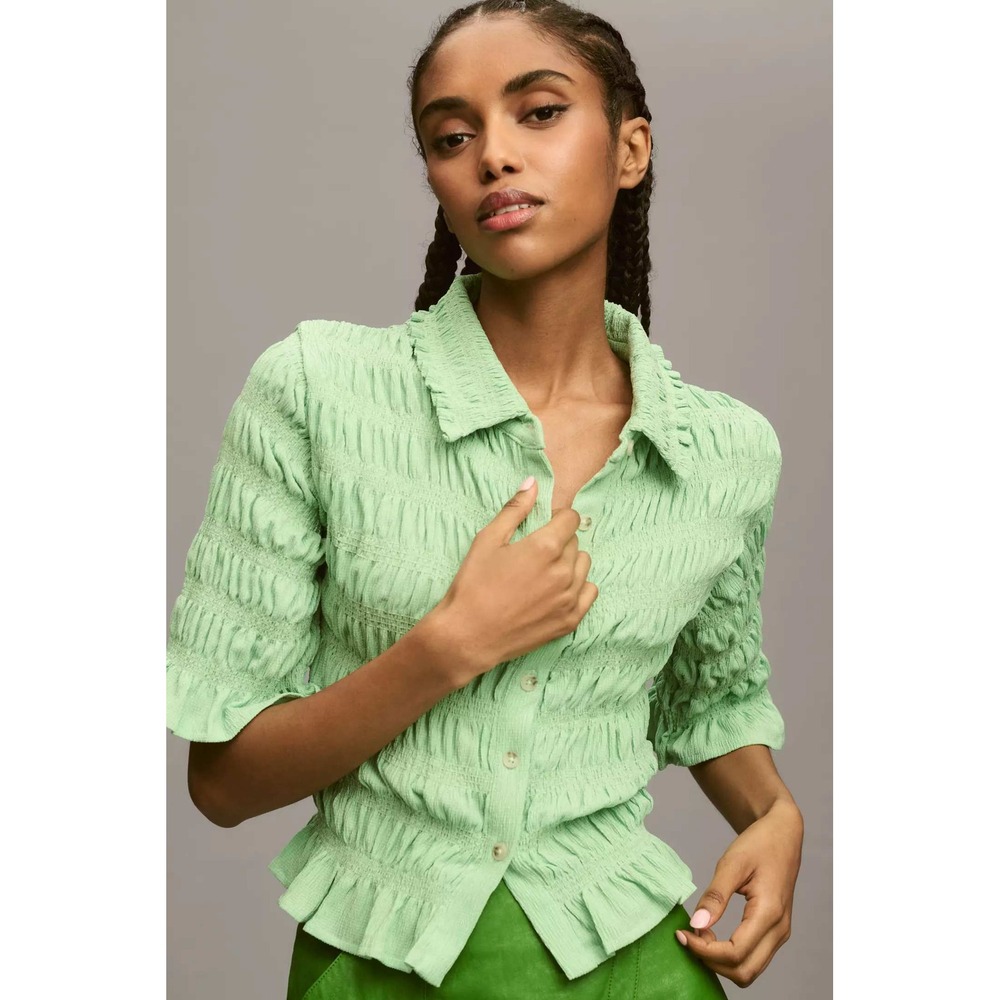 Maeve Anthropologie Ruffle Smocked Button-Front Shirt Top Green Women's Size XL